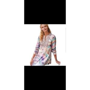 Soft Surroundings Bazille Tunic Tie Dye Beaded Embroidered Top PM